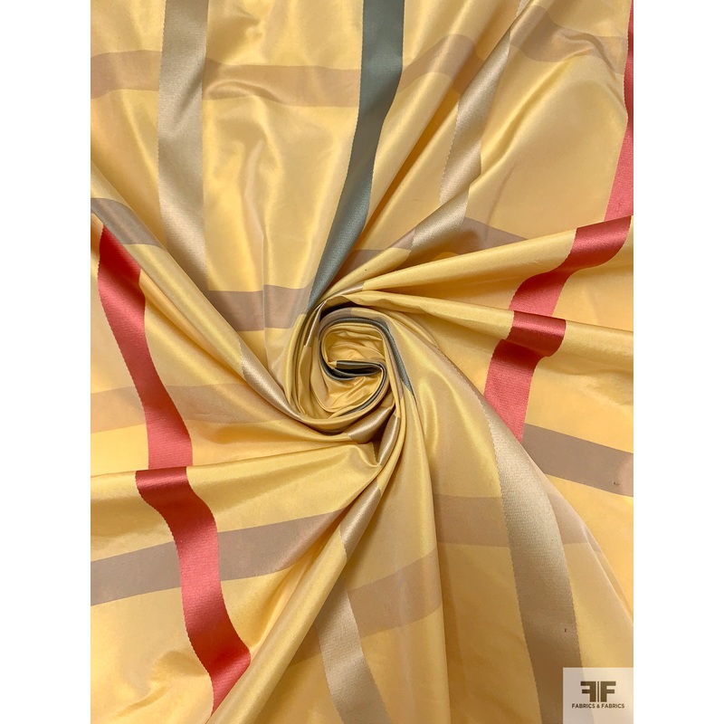Windowpane Yarn-Dyed and Satin Striped Silk Taffeta – Antique Yellow / Taupe / Taupe-Green / Rouge Fabric by the Yard