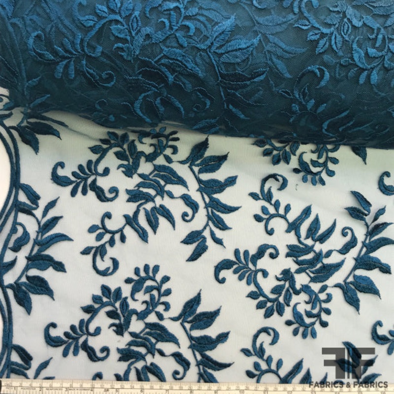 Wispy Floral Embroidered Netting – Teal Fabric by the Yard