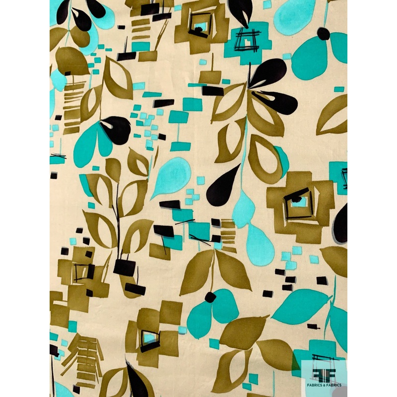 Abstract Printed Stretch Cotton Sateen – Olive / Turquoise / Sand / Black Fabric by the Yard