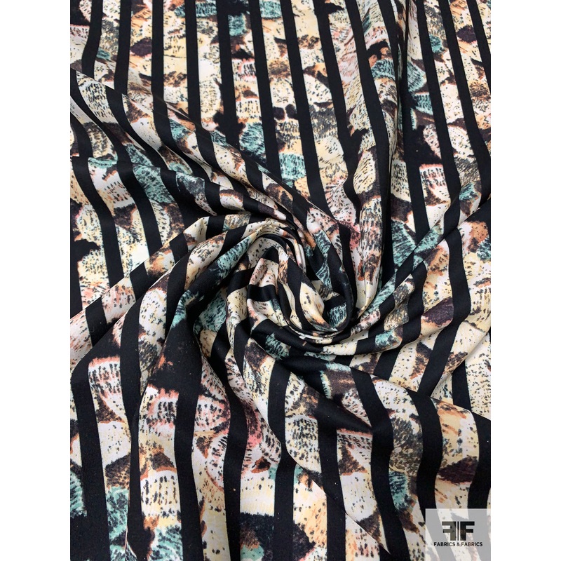 Barred Floral Printed Polyester Crepe – Black / Seafoam / Earth Tones Fabric by the Yard