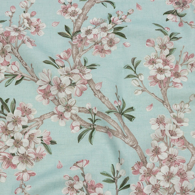 Cotton Canvas Print – Aqua Blossoming Trees and Bees – British Imported