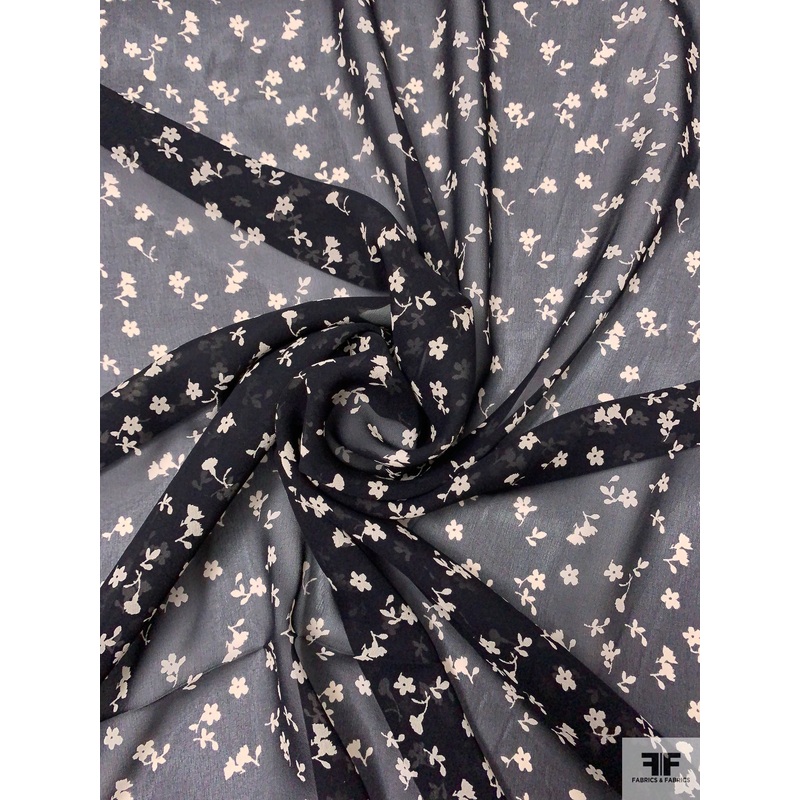 Ditsy Floral Printed Silk Chiffon – Black / Off-White Fabric by the Yard