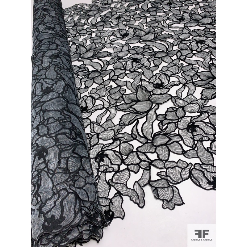 Famous NYC Designer Floral Embroidered Cutout Poly Organza – Black / Lightest Grey Fabric by the Yard