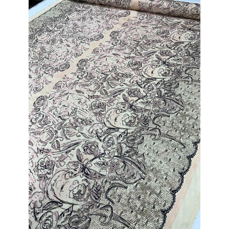 Floral and Lace-Scallop Double-Border Pattern Printed Silk Habotai – Blush / Black / Taupe / Pink Fabric by the Yard