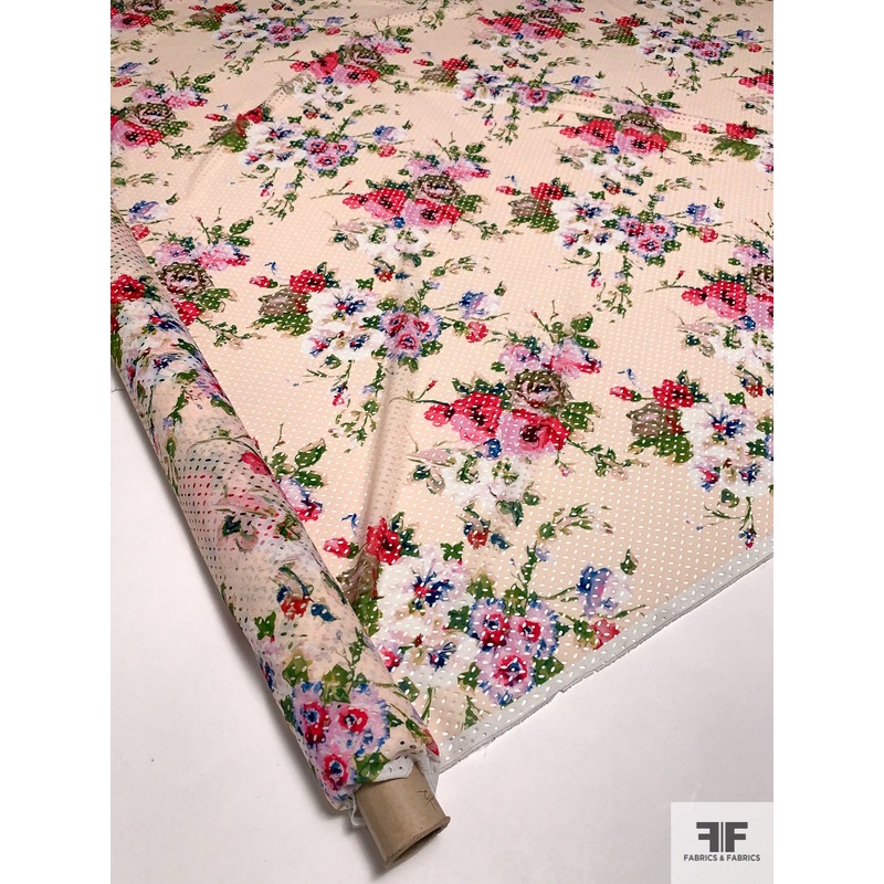 Floral Printed Polyester Georgette with Laser Cut Pattern – Multicolor / Blush Fabric by the Yard
