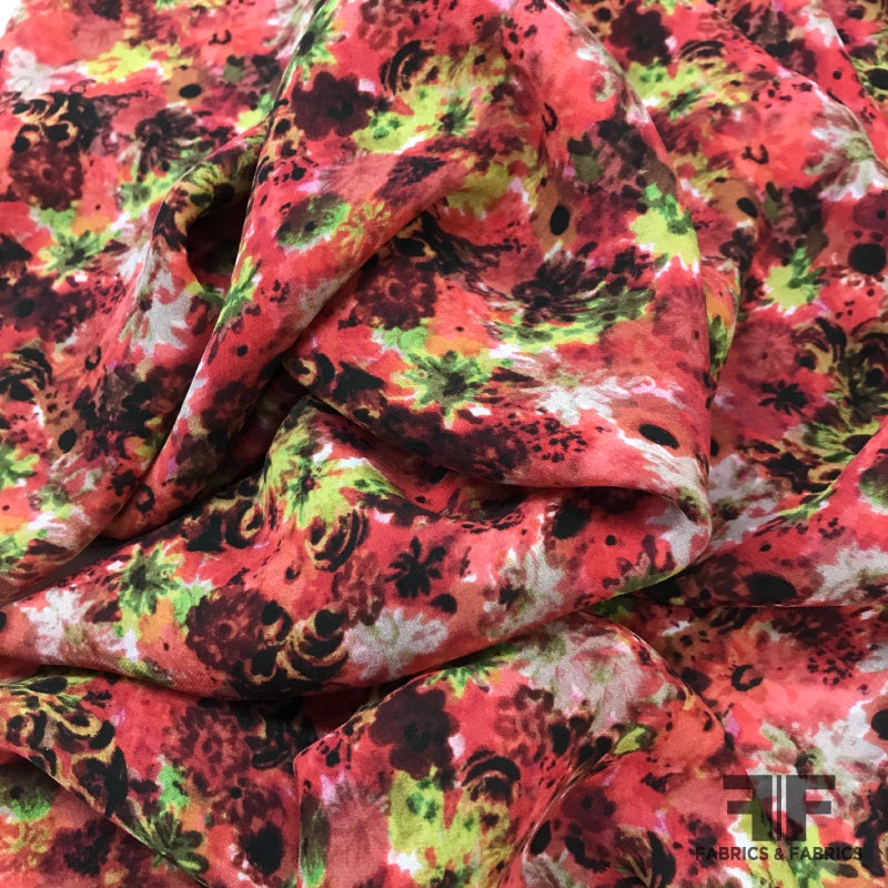 Floral Printed Silk Georgette – Red / Lime Green / Grey Fabric by the Yard