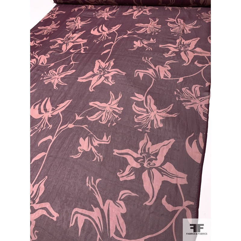Floral Silhouette Printed Silk Chiffon – Grape Purple / Dusty Mauve Fabric by the Yard