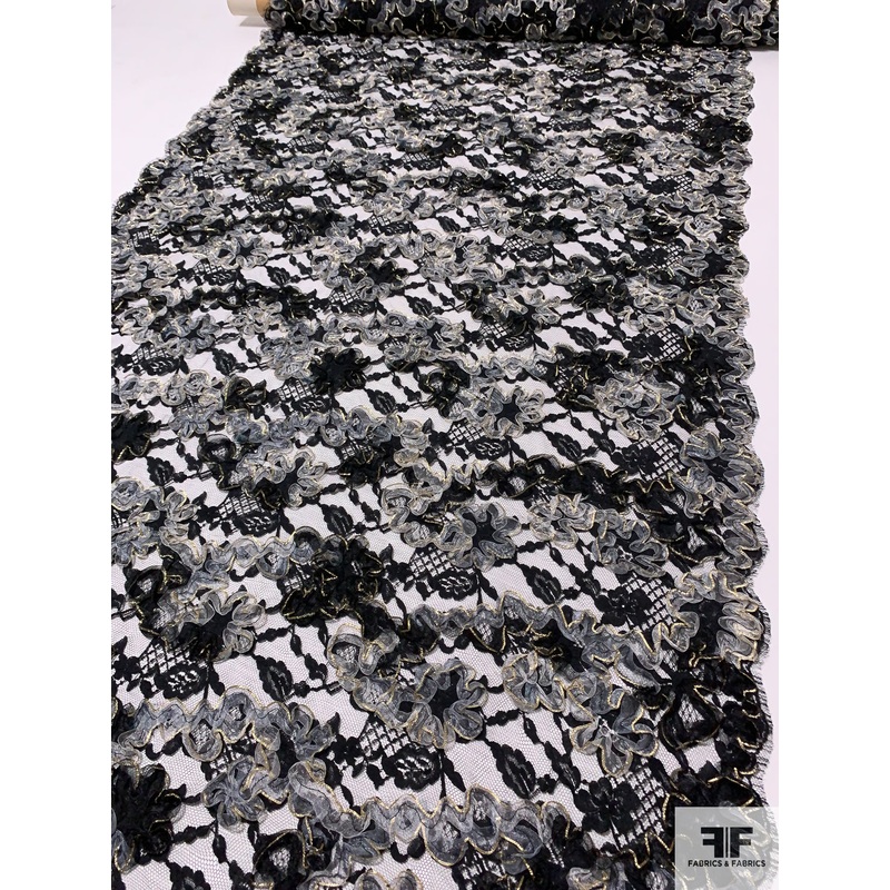 French Double-Scalloped Floral Organza-Ribbon Embroidered Lace – Black / Light Lavender / Gold Fabric by the Yard