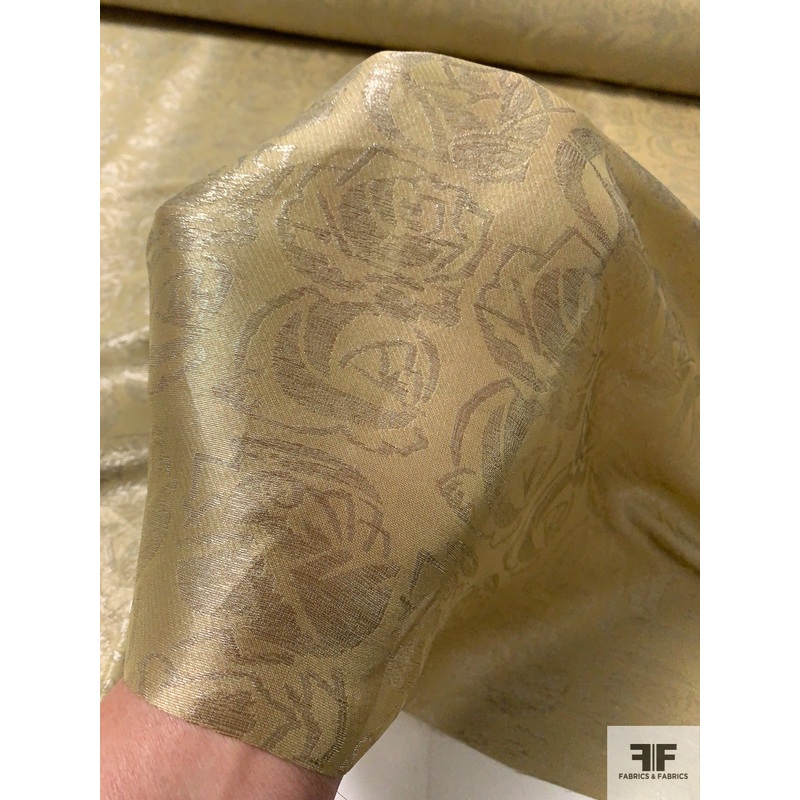 French Ralph Lauren Semi-Sheer Silk and Lurex Floral Jacquard Lam – Antique Gold / Biscotti Fabric by the Yard