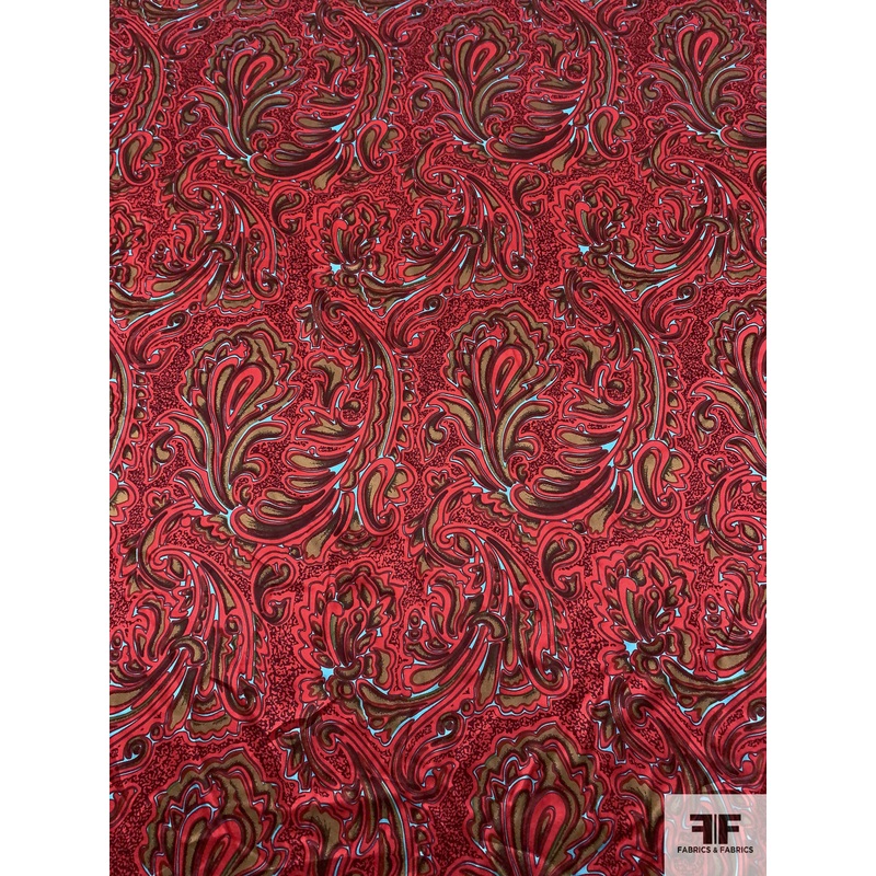 Groovy Paisley Printed Silk Charmeuse – Hot Raspberry / Olive / Cyan Blue Fabric by the Yard