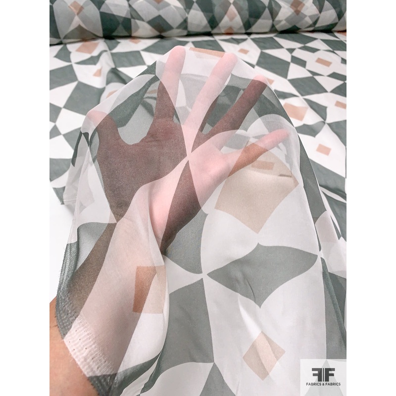 Italian Bold Geometric Mosaic Printed Silk Chiffon – Sage / Off-White / Dusty Peach Fabric by the Yard