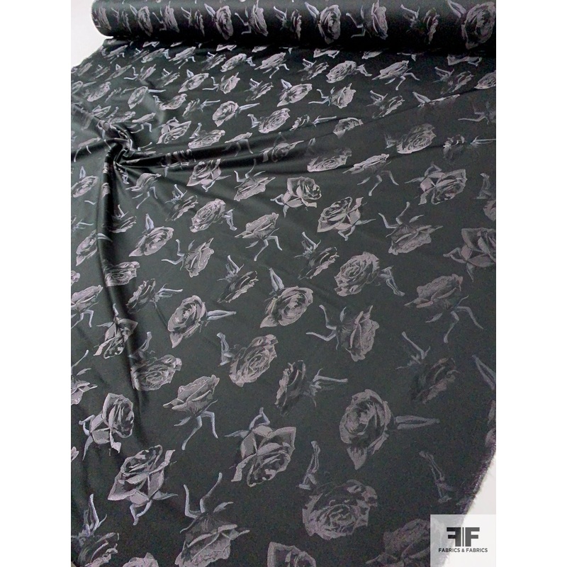Italian Floral Rosettes Silk Blend Satin Jacquard – Black / Steel Grey Fabric by the Yard
