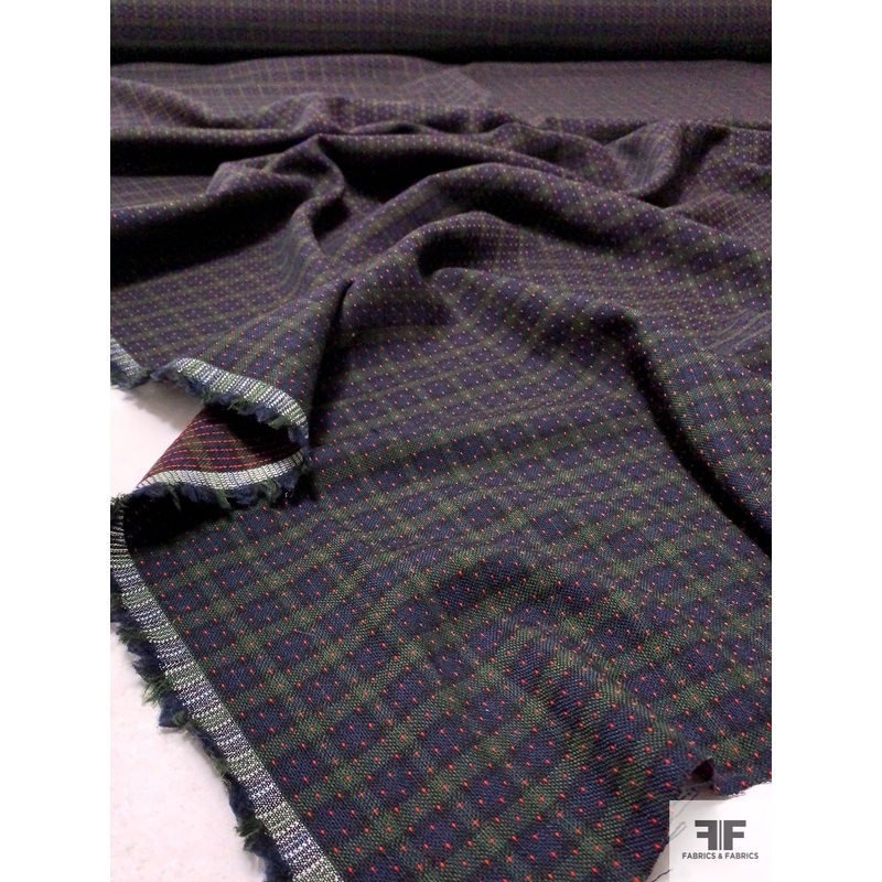 Italian Pin Dot Gingham Wool Suiting – Navy / Evergreen / Red Fabric by the Yard