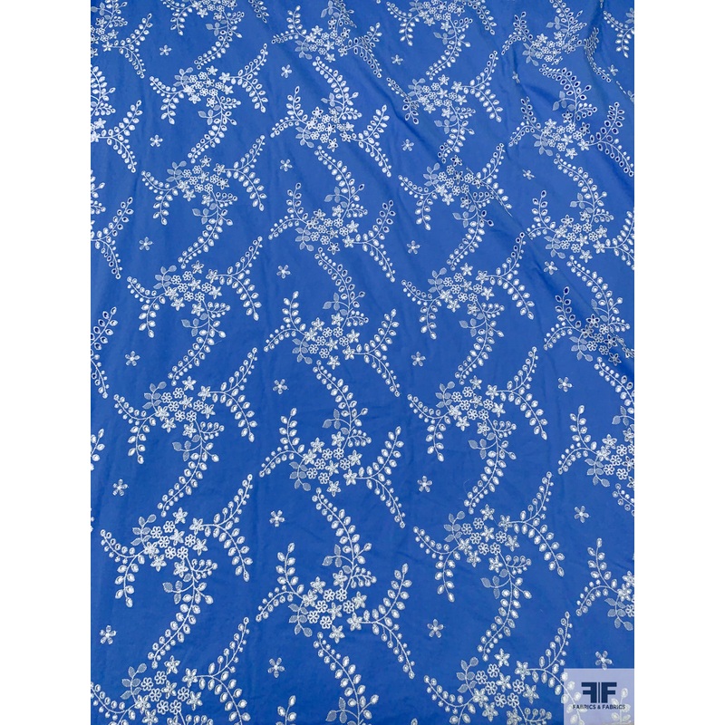 Leaf and Floral Embroidered Cotton Eyelet – Carolina Blue / White Fabric by the Yard