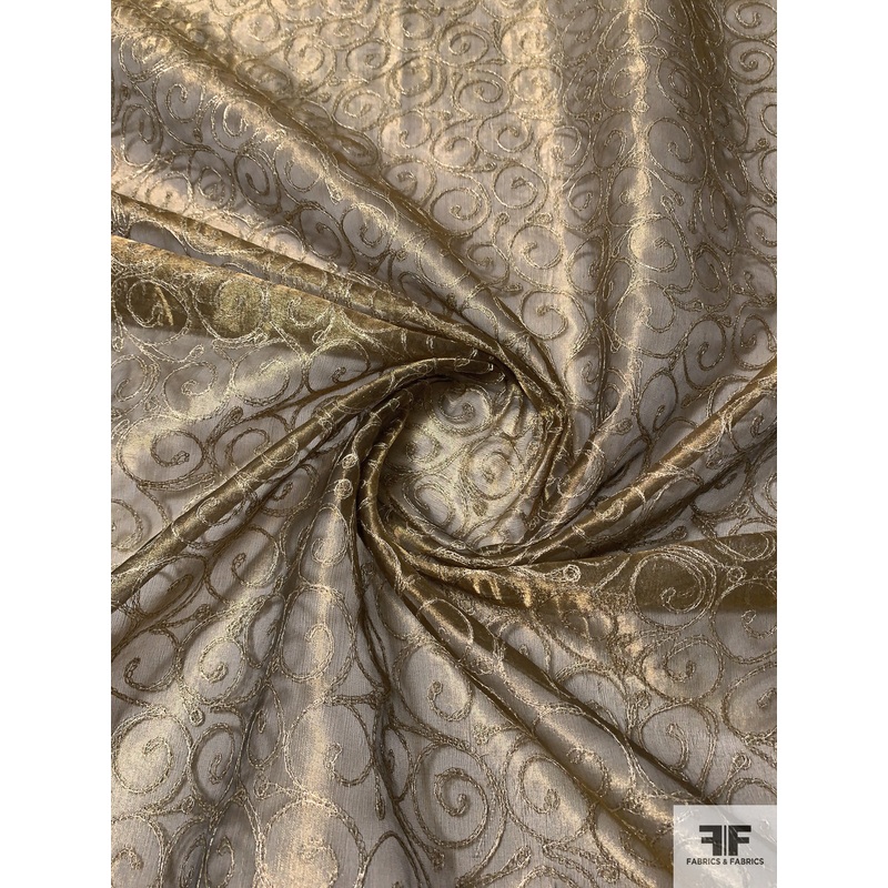Metallic Organza with Swirl Metallic Thread Embroidery – Brass / Gold Fabric by the Yard