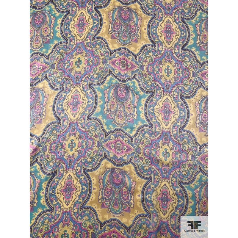 Ornate Paisley Printed Silk Charmeuse – Pastel Yellow / Green / Pink / Periwinkle Fabric by the Yard