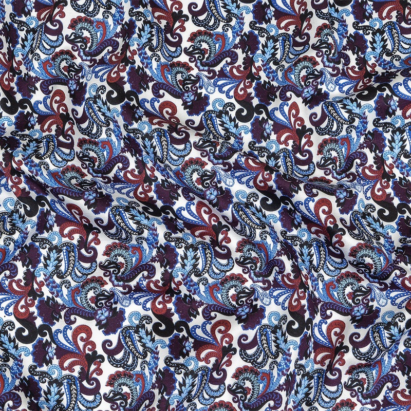 Raspberry, Blue and Snow White Paisley Cotton Sateen