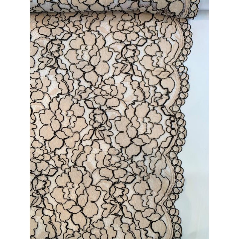 Shoshanna Double-Scalloped Floral Soutache Lace – Blush / Black Fabric by the Yard