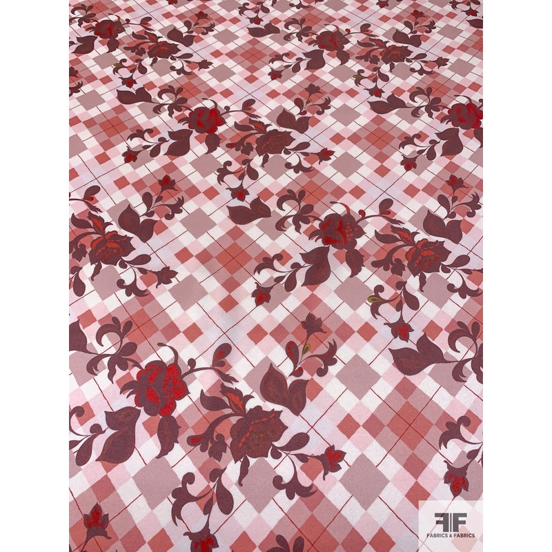 Argyle Plaid and Floral Vines Printed Silk Charmeuse – Dusty Rose / Mauve / Off-White Fabric by the Yard