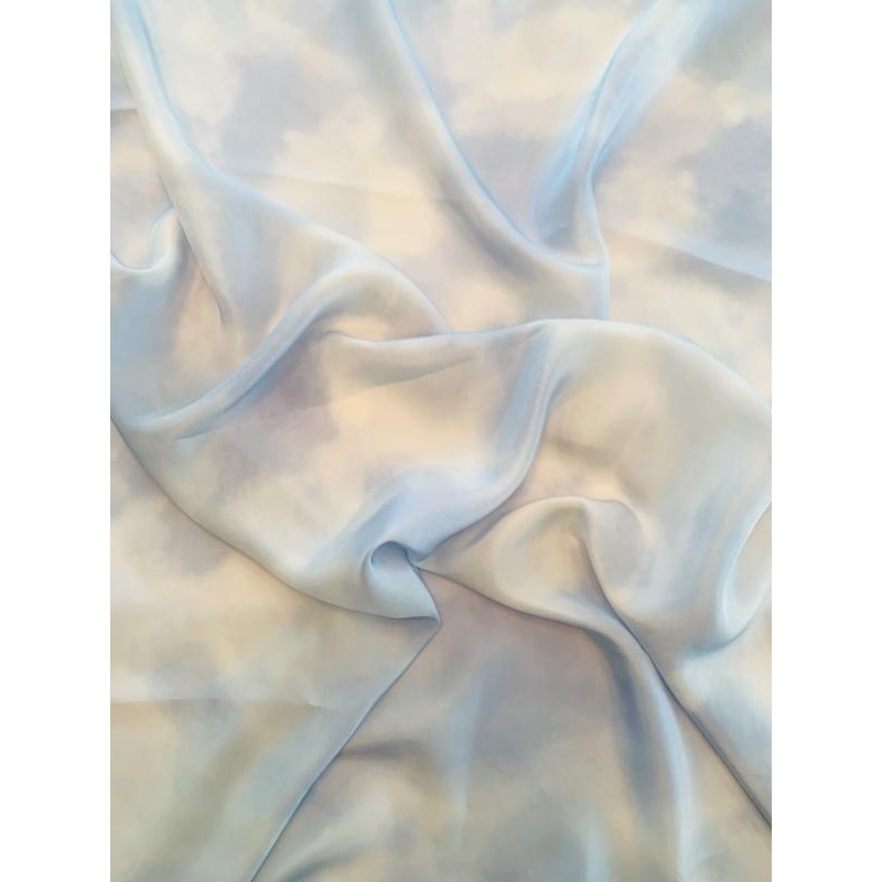 Cloudy Tie-Dye Printed Heavy Silk Habotai – Sky Blue / White Fabric by the Yard