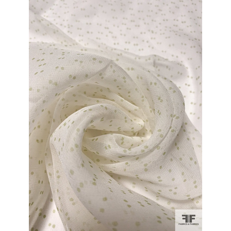 Ditsy Dotted Printed Silk Chiffon – Pear Green / Off-White Fabric by the Yard