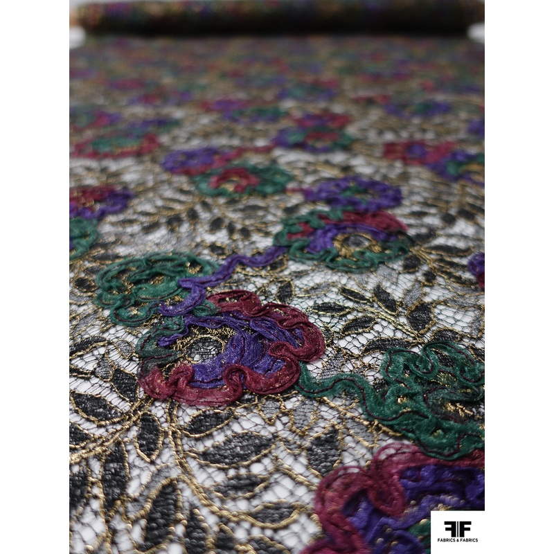 French Floral Metallic Lace with Organza Ribbon Work – Evergreen / Grape Purple / Purple / Black / Gold Fabric by the Yard