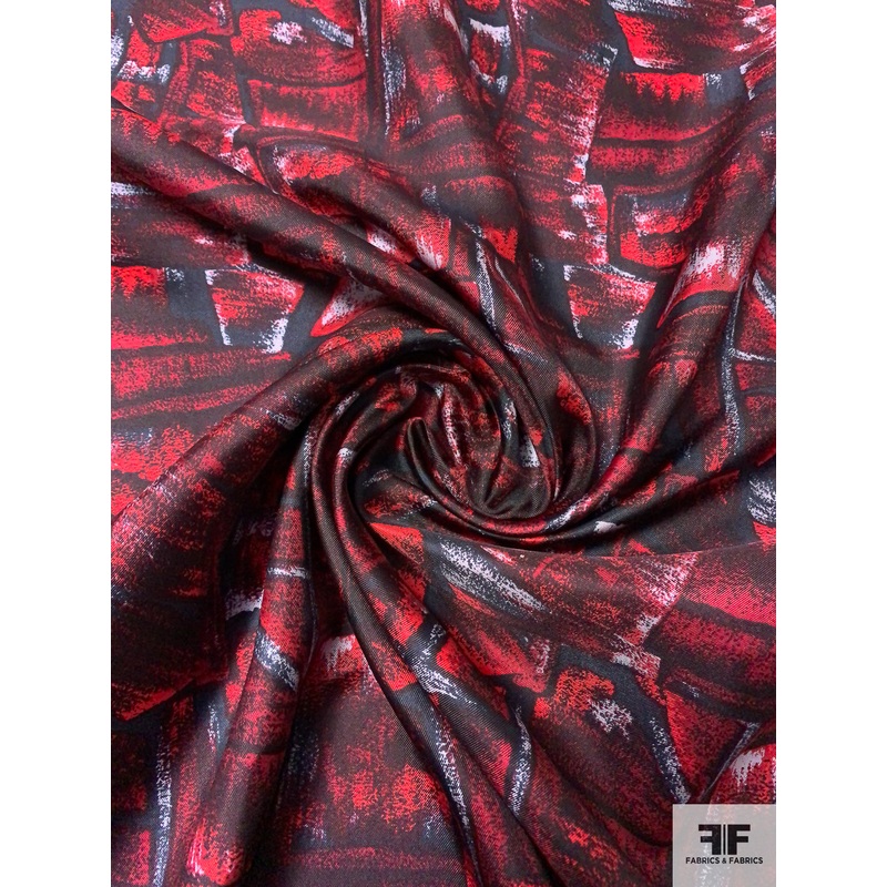 Graphic Shapes Printed Vintage Fine Silk Twill – Red / Black / White Fabric by the Yard