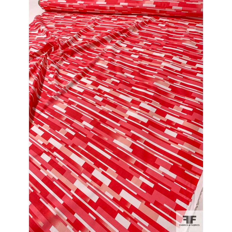 Horizontal Bar Strokes Printed Stretch Cotton Poplin – Fiery Rose / Watermelon Red / Blush Fabric by the Yard