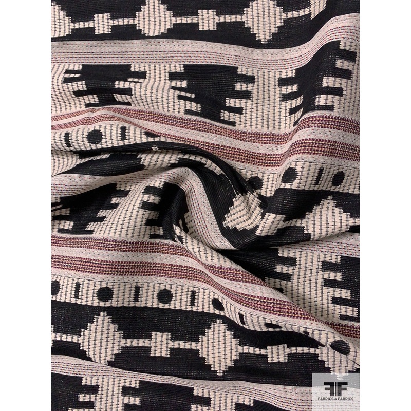 Italian Ethno-Geometric Reversible Cotton Blend Ladies Suiting – Muted Ivory / Black / Multiclor Fabric by the Yard