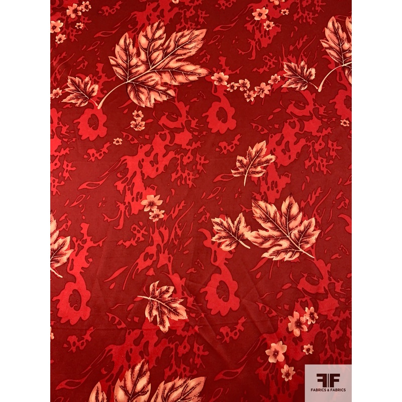 Leaf Printed Silk Charmeuse – Red / Dark Red / Light Peach Fabric by the Yard