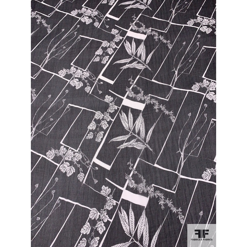 Leaf Stems and Geometric Printed Slightly Crinkled Silk Chiffon – Black / Off-White Fabric by the Yard