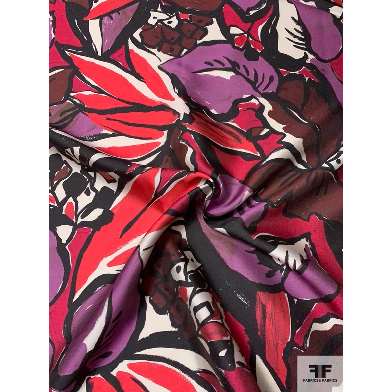 Made in Spain Painterly Leaves Printed Silk Blend Mikado – Magenta / Purple / Maroon / Black Fabric by the Yard