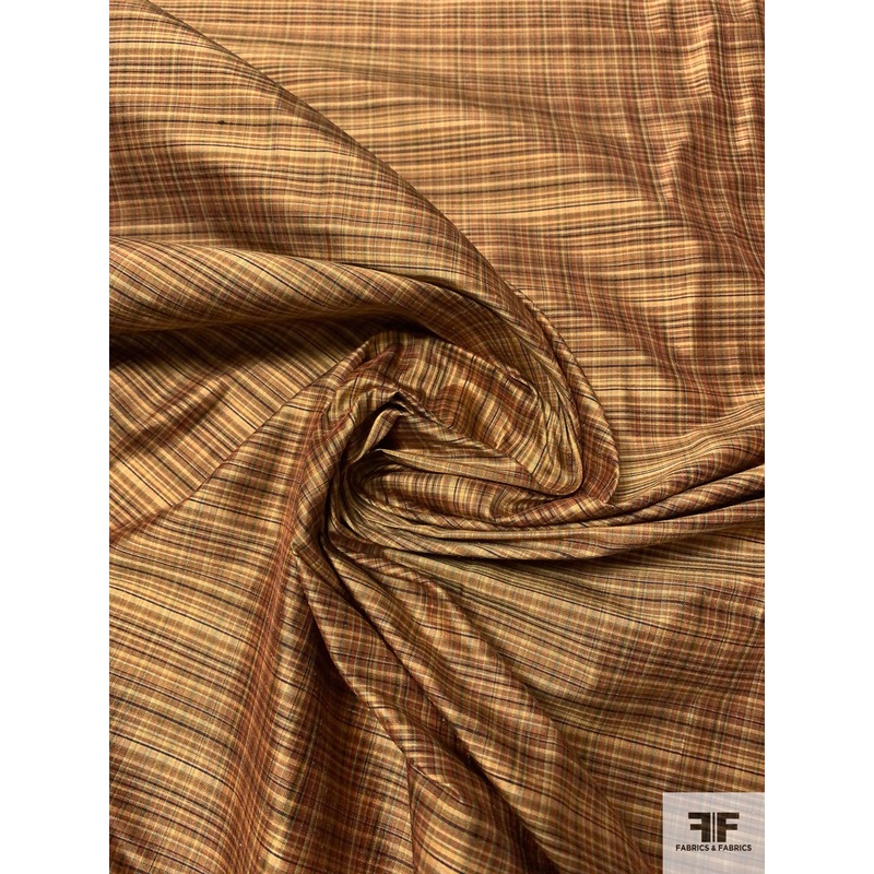 Micro Plaid Yarn-Dyed Silk Shantung – Browns / Antique Olive / Muted Gold Fabric by the Yard