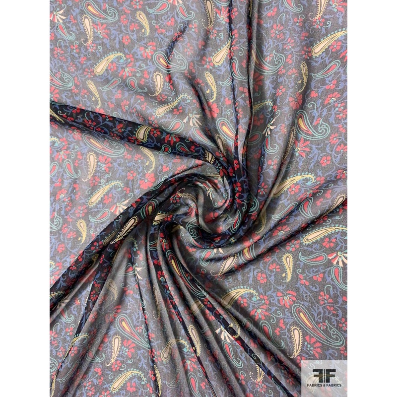 Paisley Printed Silk Chiffon – Navy / Red / Yellow / Seafoam Fabric by the Yard