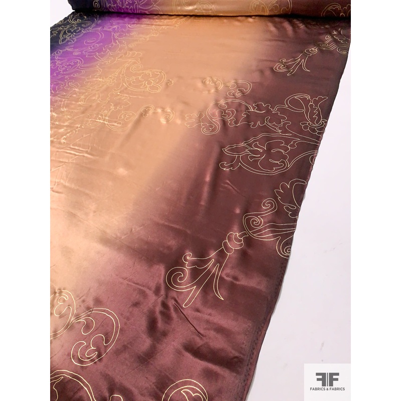 Regal Floral Foil Printed Silk Charmeuse – Purple / Camel / Brown / Gold Fabric by the Yard