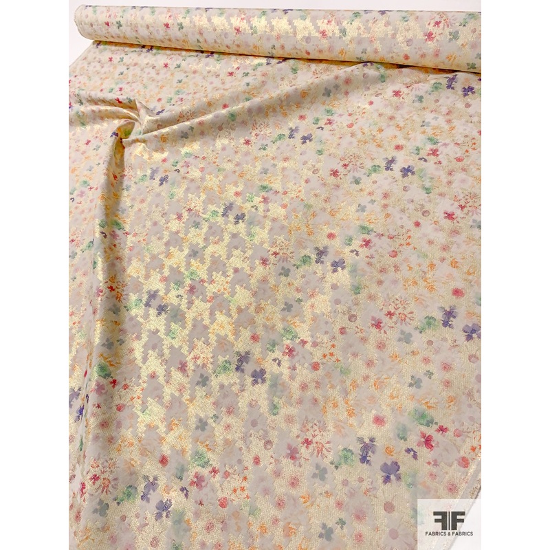 Reversible Metallic Houndstooth and Soft Watercolor Floral Printed Brocade – Gold / Multicolor Fabric by the Yard