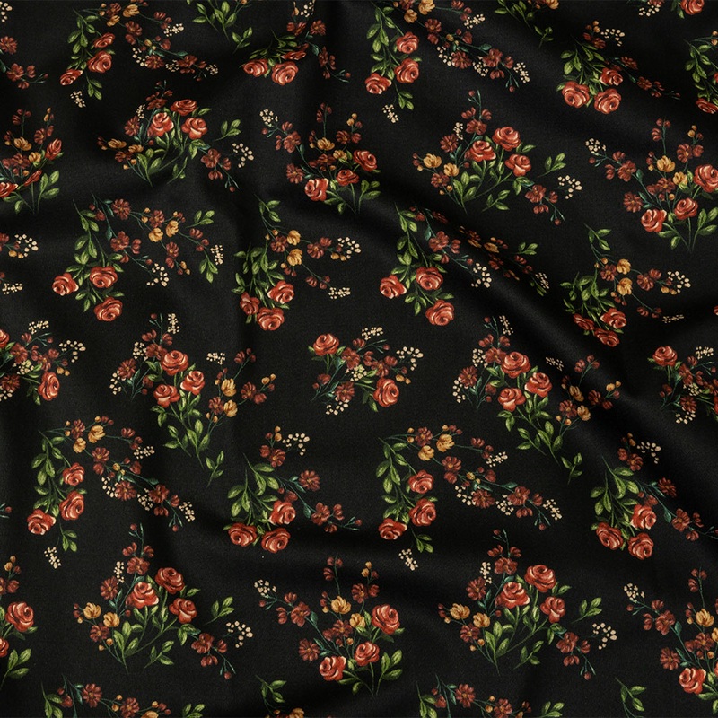 Stretch Cotton Sateen – Black and Pink Floral – Mason Jar Bouquet Print – Mood Exclusive Rockland Collection