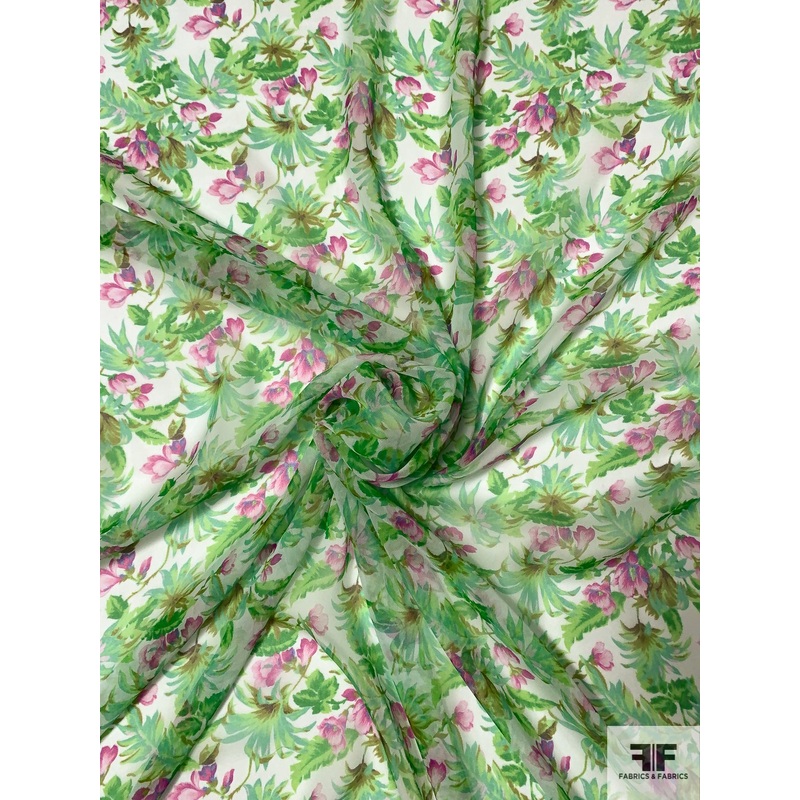 Summer Floral Printed Silk Chiffon – Seafoam / Greens / Orchid Fabric by the Yard