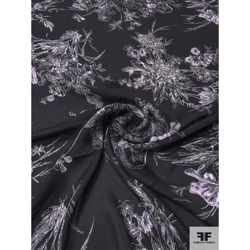 Floral Bouquets Sketch Printed Silk Georgette – Black / Off-White / Pale Lilac Fabric by the Yard