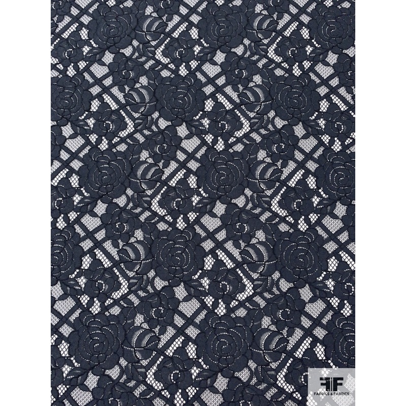 Floral Lightly Corded Lace – Muted Navy / Black Fabric by the Yard