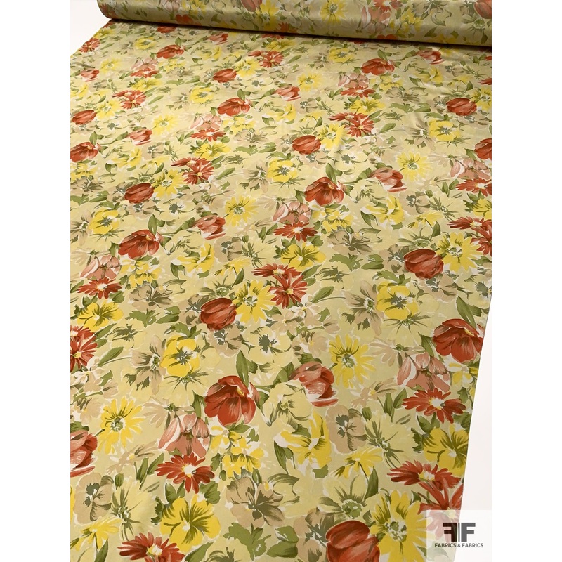 Floral Printed Silk Crepe de Chine – Shades of Green / Rusty Rose / Yellow Fabric by the Yard