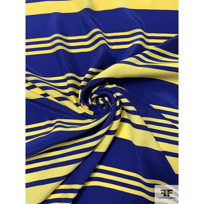 Horizontal Striped Matte-Side Printed Silk Charmeuse – Navy / Yellow Fabric by the Yard