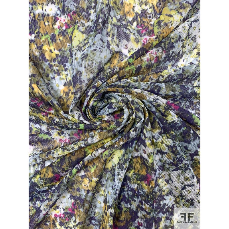 Italian Hazy Floral Brushstroke Printed Stretch Netting – Multicolor Fabric by the Yard