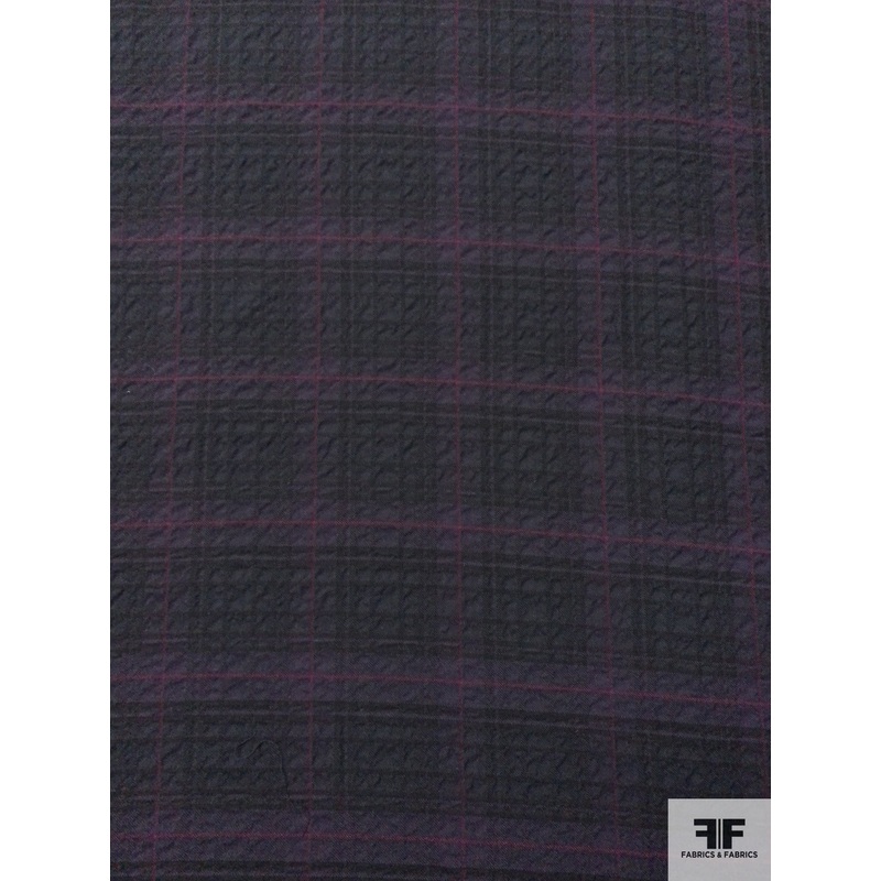 Italian Plaid and Pliss Lightweight Suiting – Eggplant Purple / Black / Raspberry Fabric by the Yard