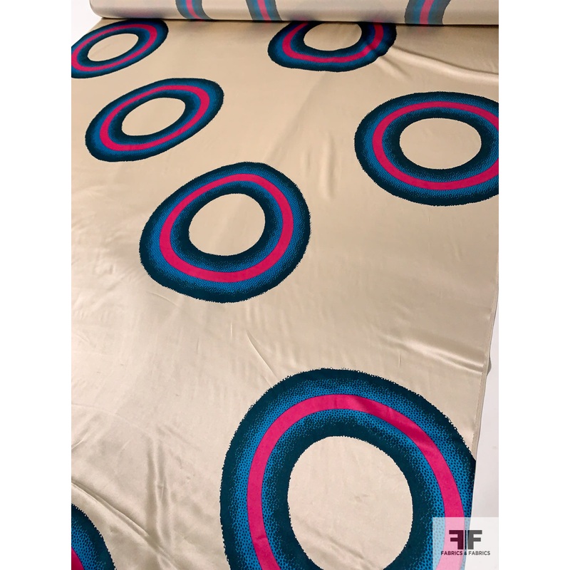 Large Scale Donut Circle Rings Printed Silk Charmeuse – Ice Champagne / Magenta / Turquoise / Navy Fabric by the Yard