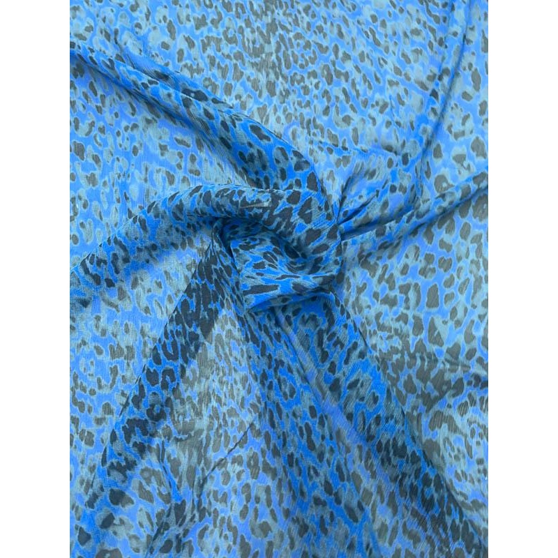 Leopard Printed Crinkled Silk Chiffon – Blue / Black / Grey Fabric by the Yard
