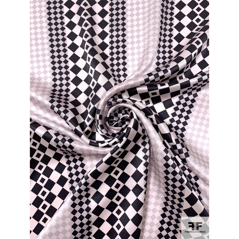 Linear Checkered Printed Silk Charmeuse – Black / White / Grey Fabric by the Yard