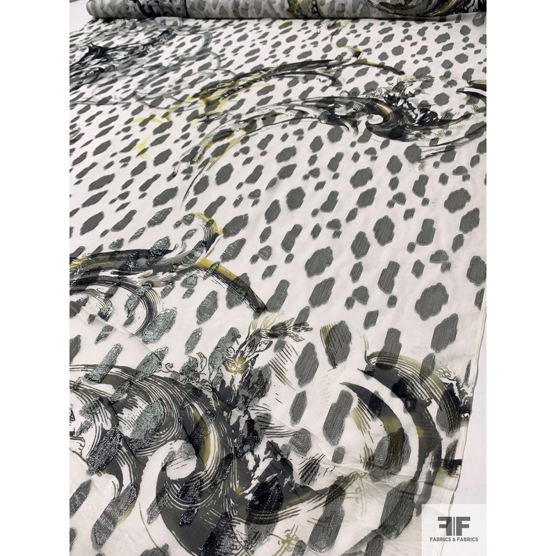 Lurex Spotted and Wispy Stroke Silk Chiffon – Black / Off-White / Chartreuse Fabric by the Yard