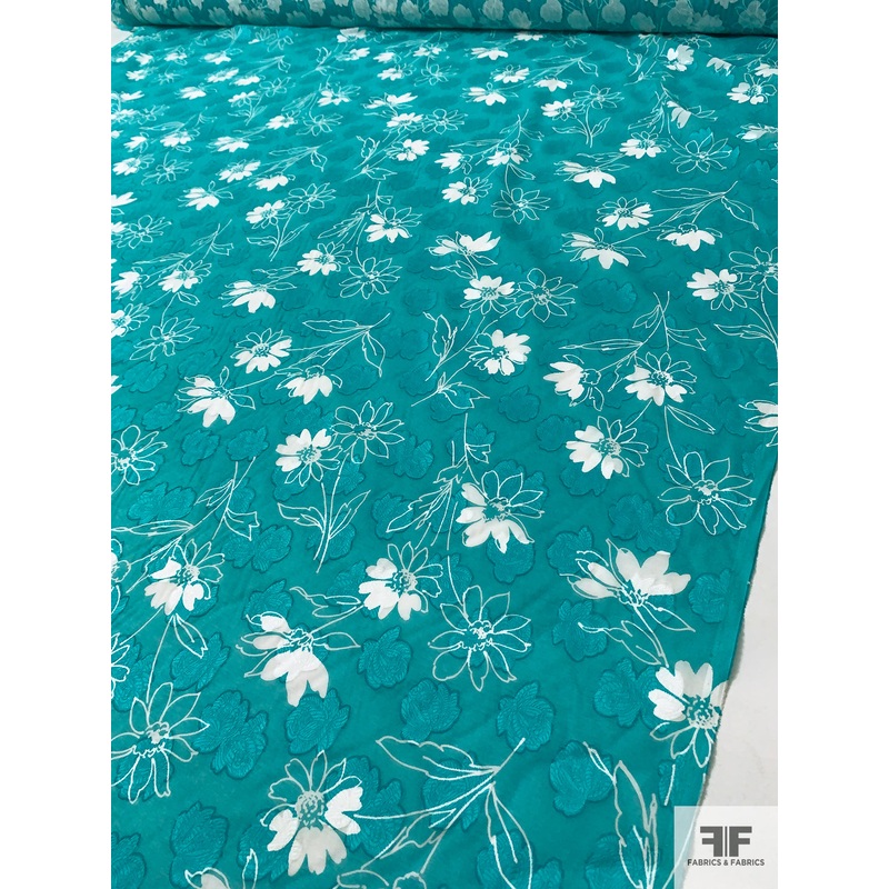 Made in Switzerland Floral Burnout and Printed Jacquard Cotton Voile – Aquamarine / White Fabric by the Yard