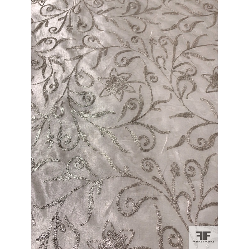 Metallic Floral Embroidered Silk Organza – Light Antique-Gold Fabric by the Yard